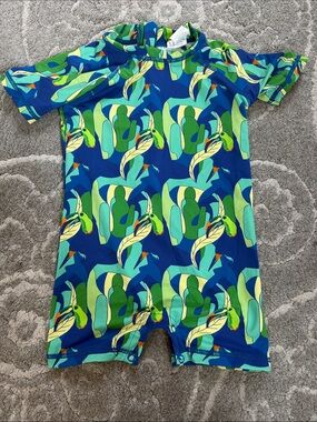 Snapper Rock Kids Short-Sleeve Rashguard Swimsuit in Blue & Green Parrot Print